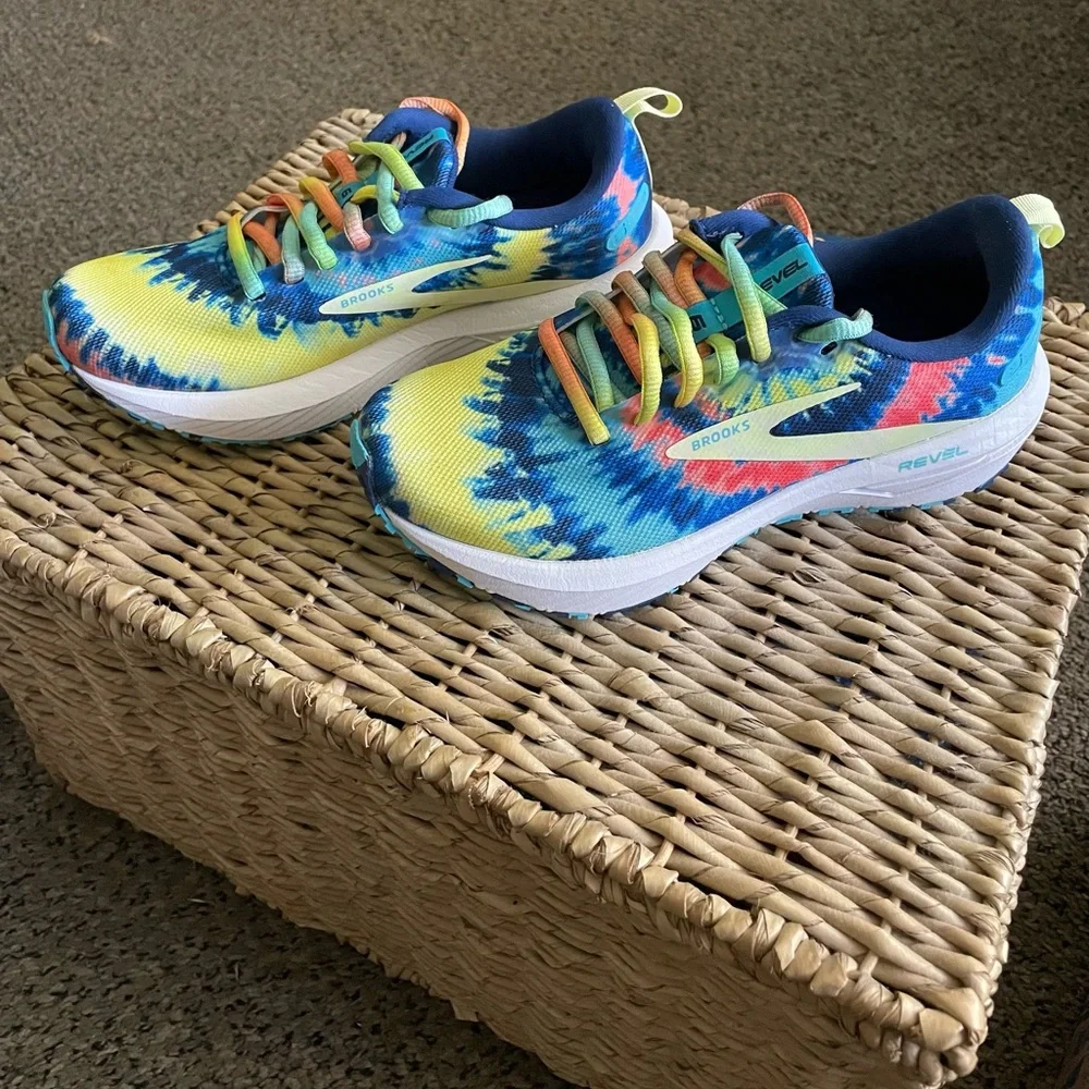 Brooks Revel Sneakers - Blue, Yellow, and Orange Tye Dye - Picture 1 of 9
